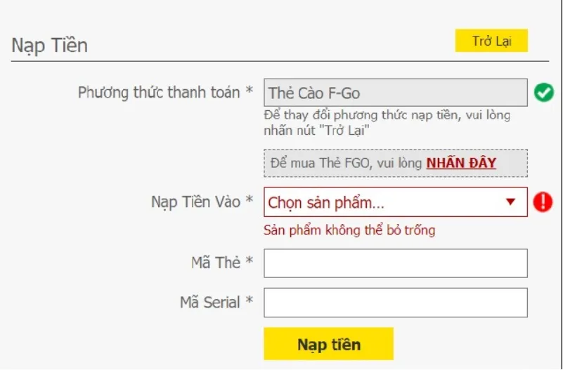 Nạp tiền qua F-Go