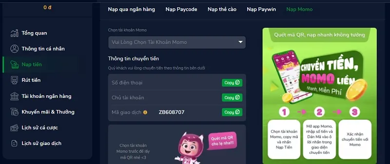 ZBet hỗ trợ người chơi chức năng nạp tiền qua ví điện tử Momo.