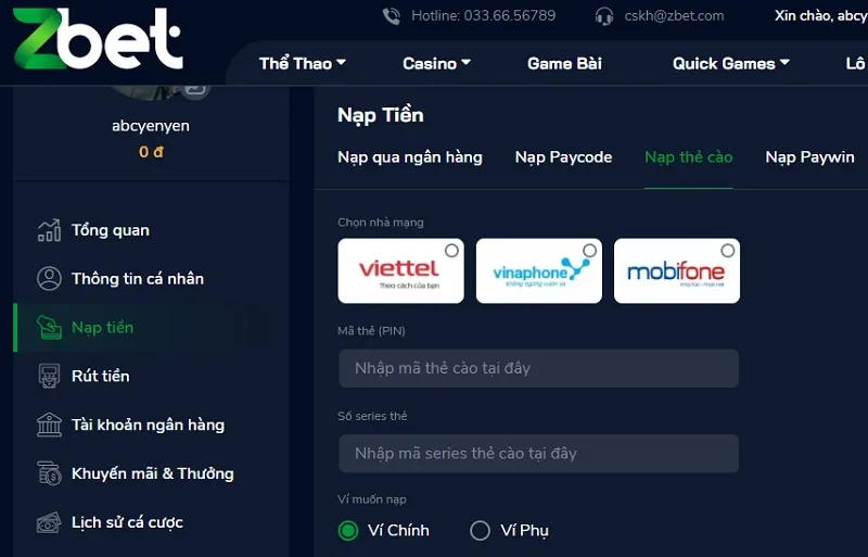Nạp tiền bằng thẻ cào là phương thức phổ biến nhất zbet